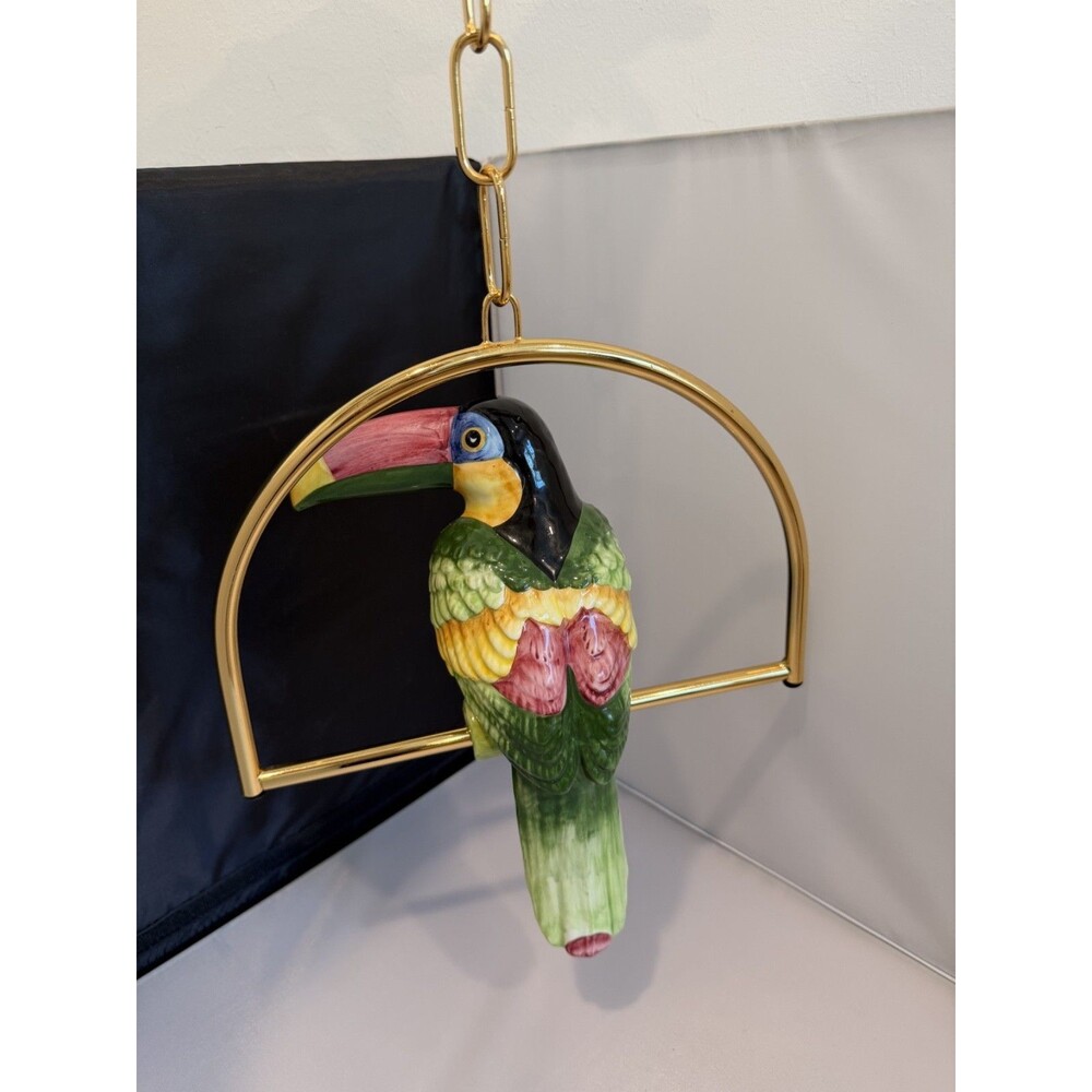 Vintage Ceramic Toucan Hanging Bird Figurine Gold Tone Metal Perch Tropical Deco